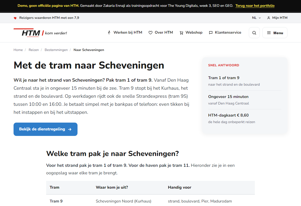 Screenshot van de door Zakaria gebouwde HTM-landingspagina over de tram naar Scheveningen